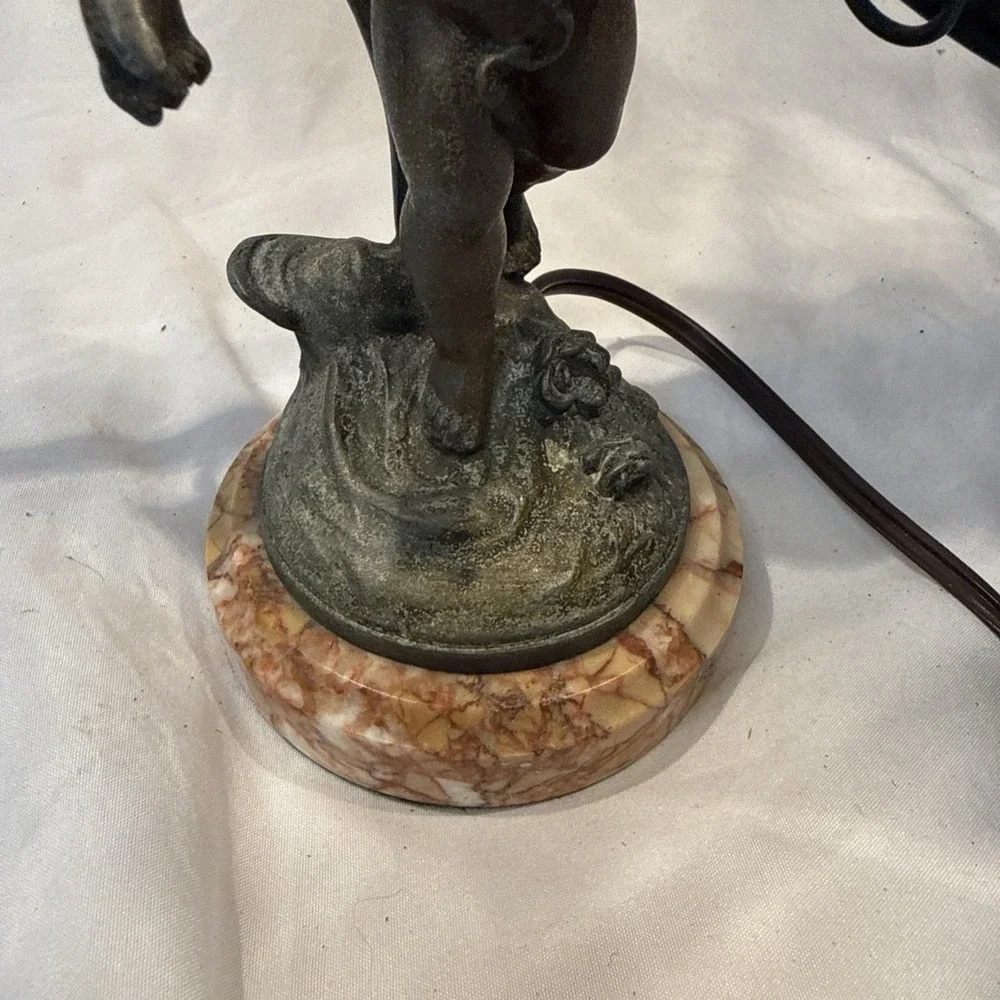 VTG Figural Cherub Double Arm Table Lamp Spelter Marble Base Art Nouveau Style
